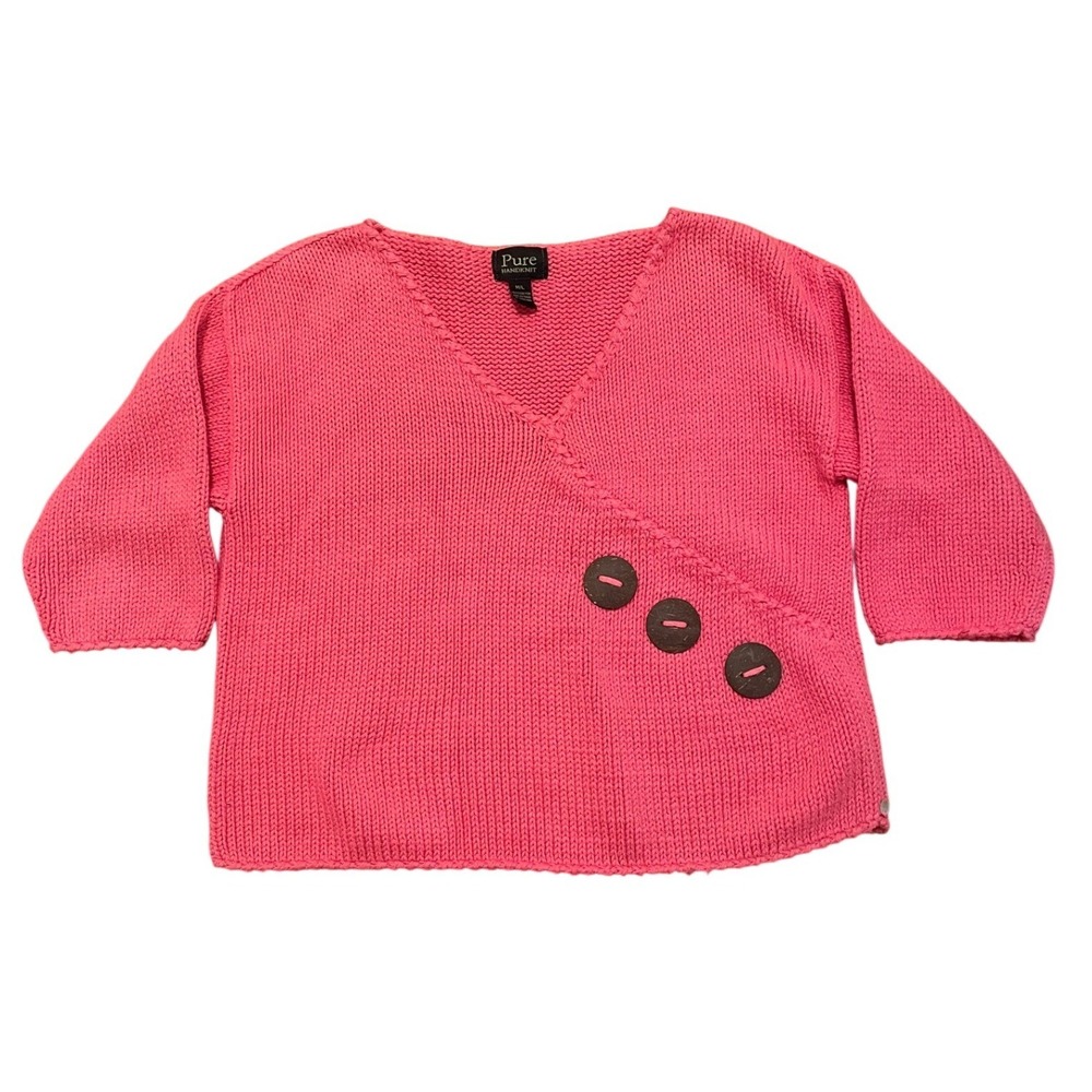 Pure‎ Handknit Y2K Pink Cotton Wrap Sweater Handmade Thailand Boho Knit Top M/L
